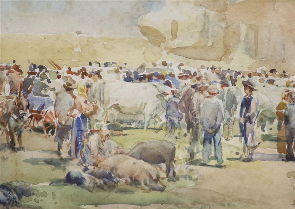 19th century English School, watercolour, Figures on an estuary at low tide, 23 x 32cm and a small watercolour, Market scene, 10 x 15cm